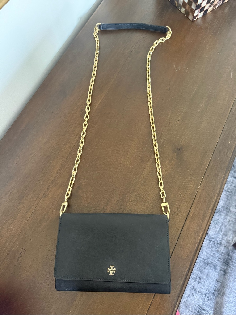 Tory Burch Black Leather Crossbody with Gold Chain